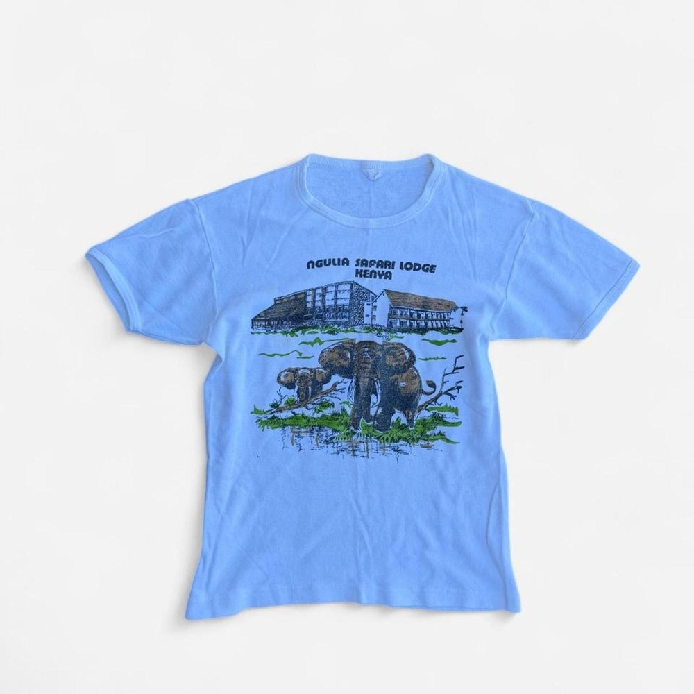 Vintage 70s Sun Tag Safari Lodge Kenya Graphic T-Shirt Blue Small Elephant Tee